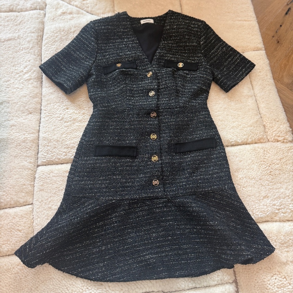 Sandro Black Tweed Midi Dress with Gold Buttons - Designer Style